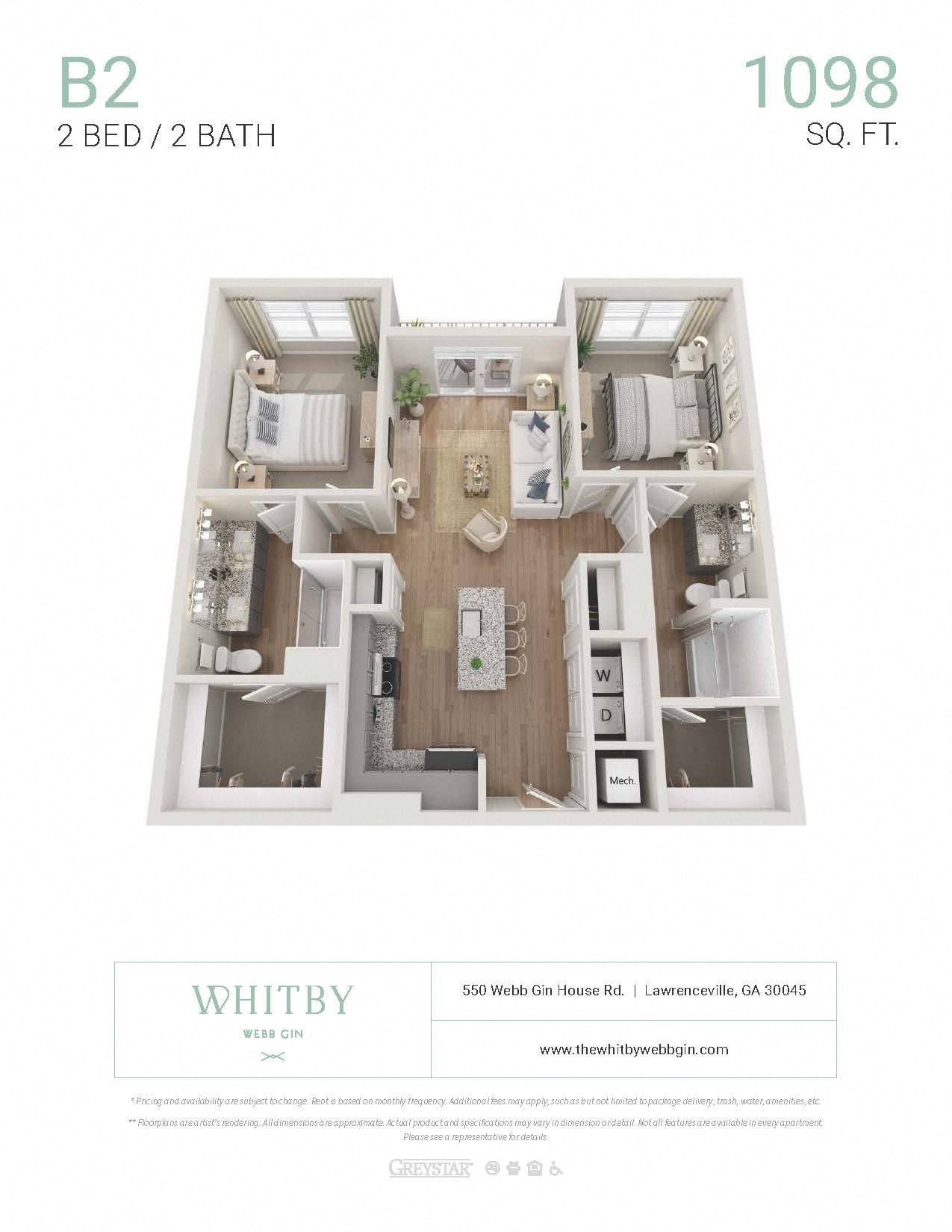 Floor plan for 2 beds, 2 baths, 1098 sqft